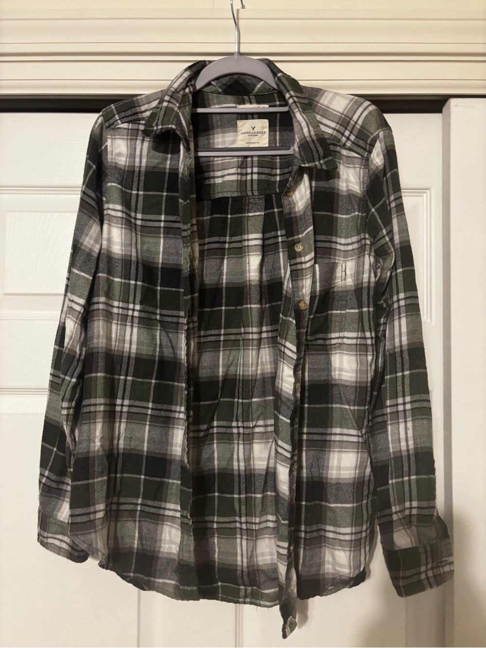 American Eagle Outfitters Olive Green & White Plaid Button-Down Shirt